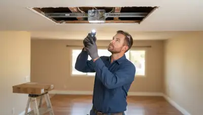 Fresno, CA electrician inspects an exposed ceiling box for fan-rated support before ceiling fan installation