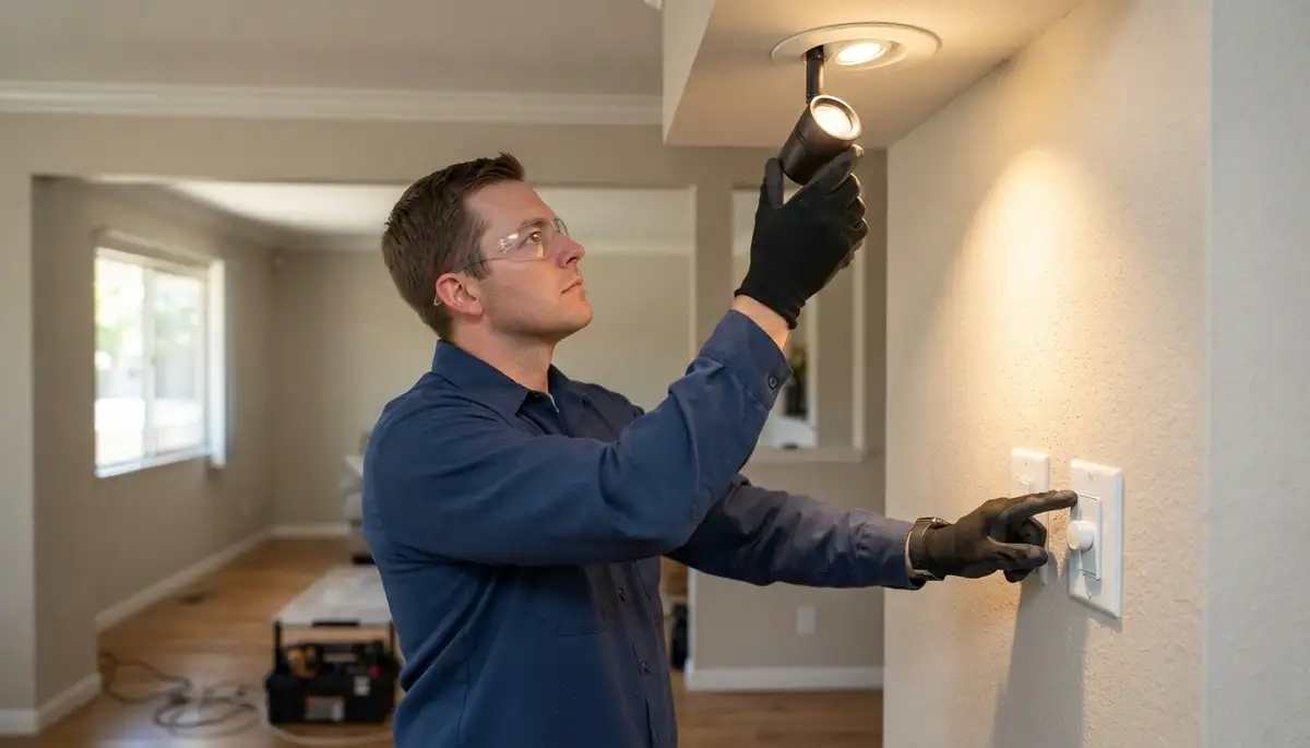 Fresno electrician testing a new light fixture, aiming the beam and verifying switch and dimmer controls