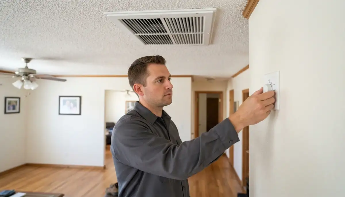 Electrician adjusts whole-house fan wall speed control with ceiling grille closed in Fresno, CA