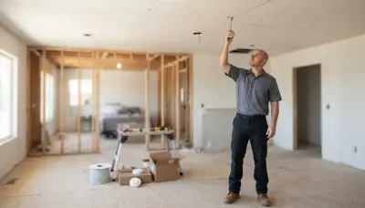 Electrician measuring ceiling placement for fire alarm installation in an older Fresno, CA home