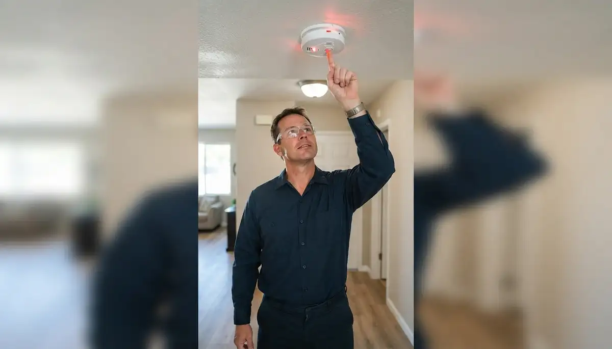 Electrician tests an interconnected smoke detector system in a Fresno, CA home after professional installation