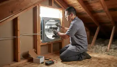 Fresno, CA electrician securing an attic fan frame in a gable wall during installation