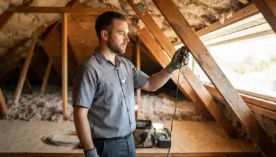 Fresno, CA electrician measures attic heat with a thermometer to size an attic fan