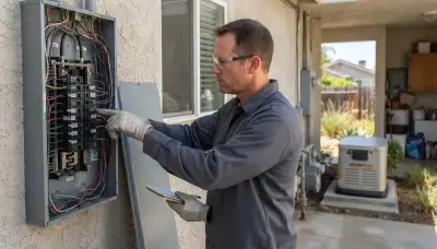 Fresno, CA electrician tracing essential circuits in an open load center during a backup power assessment
