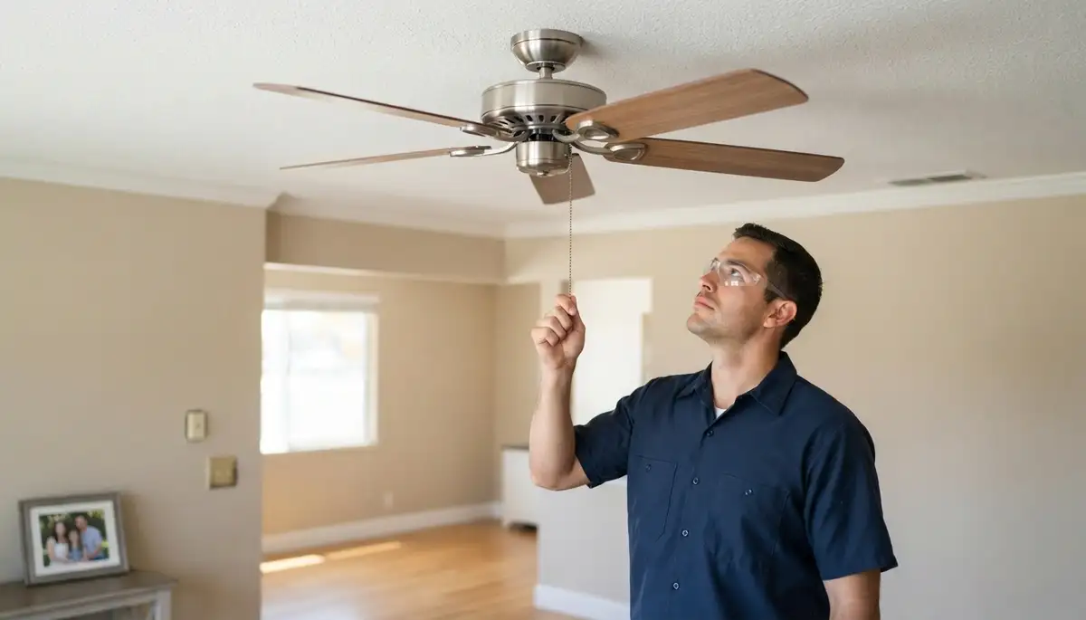 Electrician checks ceiling fan blade balance and secure canopy during installation in Fresno, CA