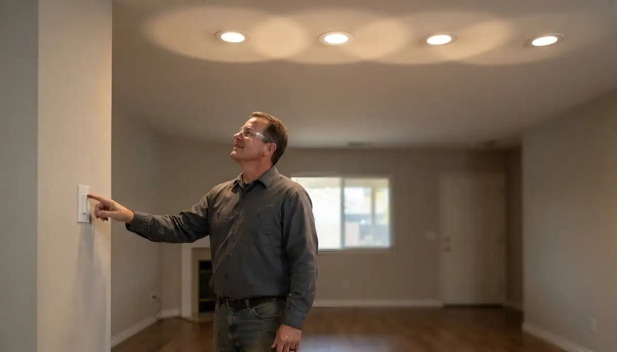 Fresno, CA electrician testing recessed lighting beam overlap and dimmer compatibility in a home
