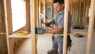 Electrician fastening electrical boxes and pulling cable for new construction wiring in Fresno, CA