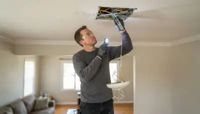 Electrician inspects ceiling box and support brace for chandelier installation in Fresno, CA