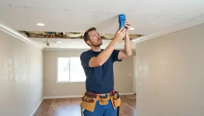 Fresno, CA electrician marking recessed lighting positions and locating ceiling joists with a stud finder