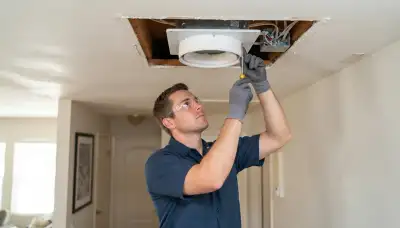 Electrician installing a whole-house fan ceiling unit and insulated damper in a Fresno, CA home
