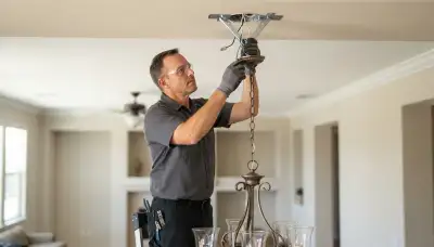 Electrician installing and wiring a chandelier with a rated ceiling brace in a Fresno, CA home