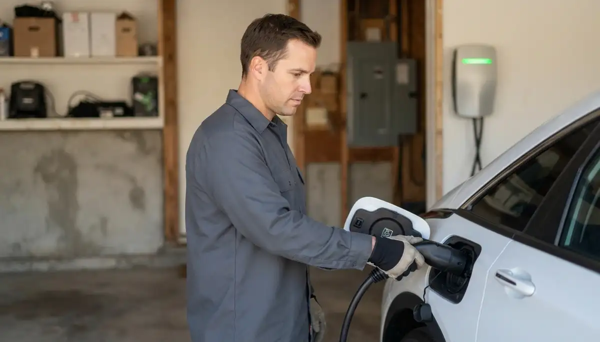 Technician tests an electric vehicle charger by connecting the cable to a car in Fresno, CA