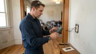 Fresno, CA electrician tests a de-energized branch circuit with a multimeter at an open receptacle