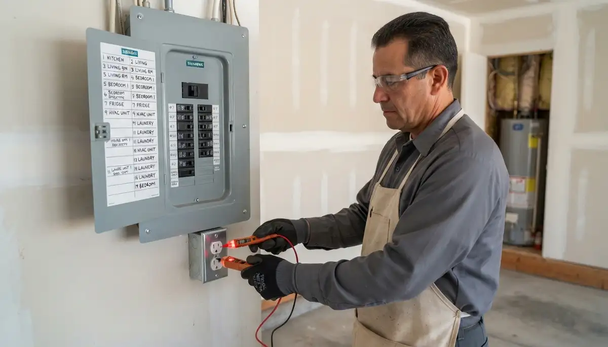 Fresno, CA electrician uses a voltage tester to verify labeled circuits on an upgraded electrical panel