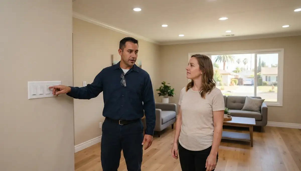 Fresno, CA electrician demonstrates completed lighting installation and dimmer controls to a homeowner