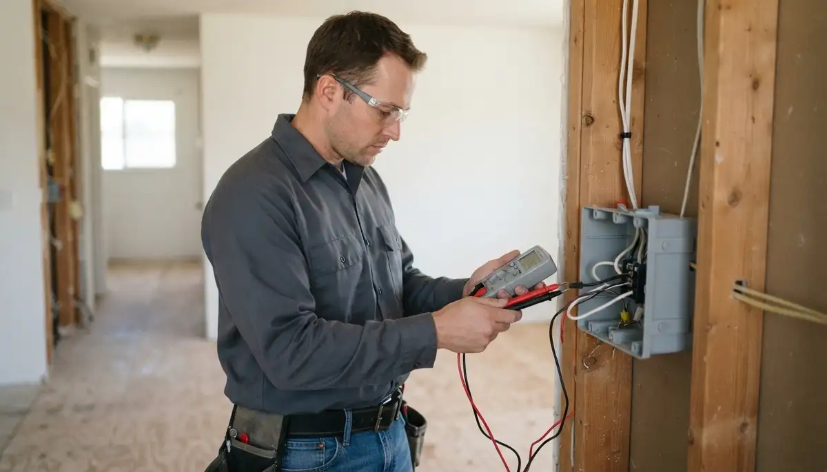 Fresno electrician tests new wiring circuits for continuity and polarity before drywall installation