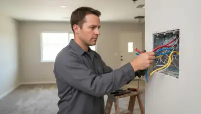 Fresno, CA electrician assessing programmable lighting controls at an open gang box in a home