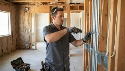 Electrician securing conduit and electrical boxes to wall framing in Fresno, CA