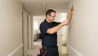 Electrician measuring smoke detector placement along a hallway ceiling in a Fresno, CA home