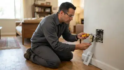 Electrician in Fresno, CA testing a wall receptacle for grounding and polarity during a home electrical inspection