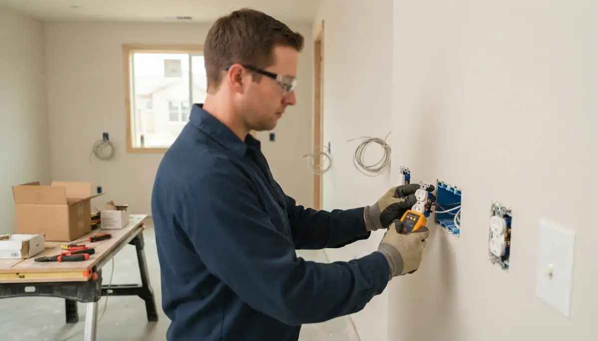 Fresno, CA electrician testing receptacles and switches during new construction electrical trim-out