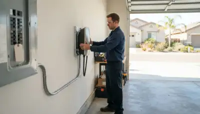 Electric vehicle charger installation with wall-mounted unit and conduit in a Clovis, CA garage