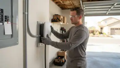 Electrician installing an EV charger with a dedicated garage circuit in Dos Palos, CA