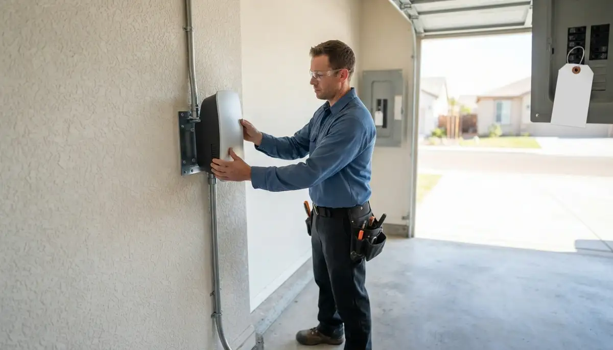 Electrician installs a wall-mounted Level 2 EV charger with a dedicated 240-volt circuit in Fowler, CA