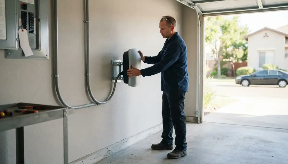 Electrician installing a home EV charger with conduit and dedicated breaker in Kingsburg, CA