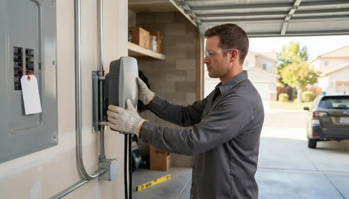 Electrician installs an EV charger with a dedicated circuit in a Madera, CA garage.