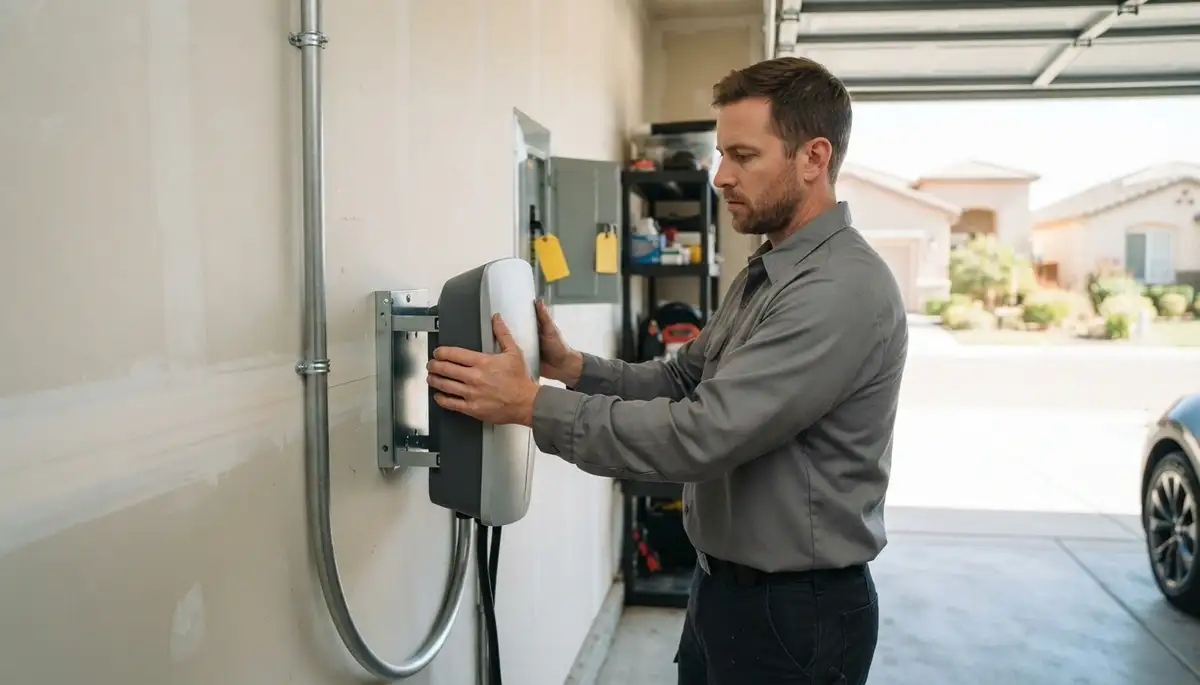 Electrician installing an EV charger and dedicated circuit in a Selma, CA garage