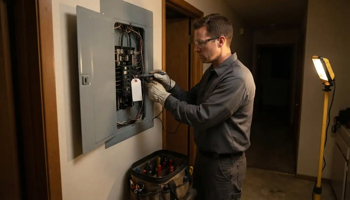 Emergency electrician in Dos Palos, CA testing a tripped breaker and isolating a faulty circuit