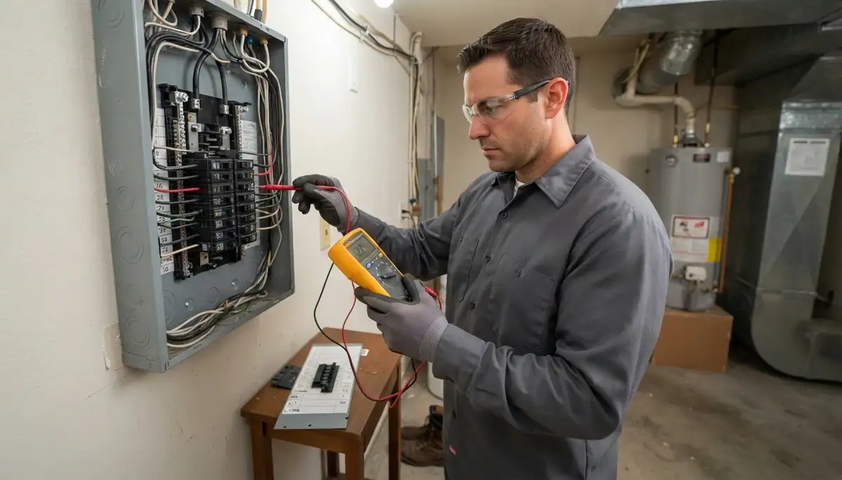 Fresno, CA electrician uses a multimeter to verify voltage and polarity on a new electrical panel