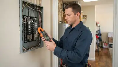 Fresno, CA electrician measures circuit load with a clamp meter during a home energy audit
