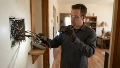 Fresno, CA electrician inspects deteriorated wire insulation with a flashlight during an existing wiring assessment