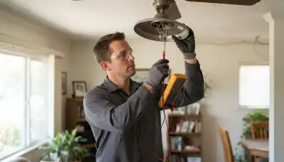 Fresno, CA electrician tests ceiling fan pull-chain switch terminals with a multimeter during repair diagnosis