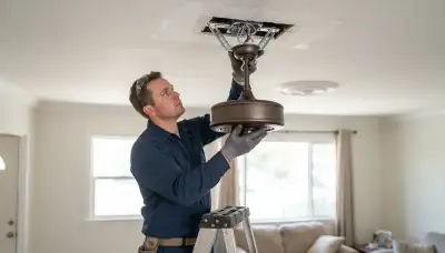 Electrician installing a braced fan-rated ceiling box and motor mount in a Fresno, CA home