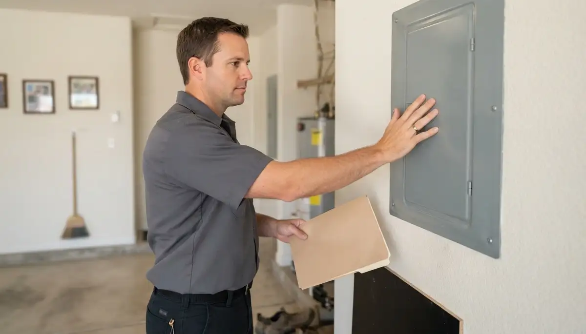 Fresno electrician reviews home energy audit findings beside a closed electrical panel and folder