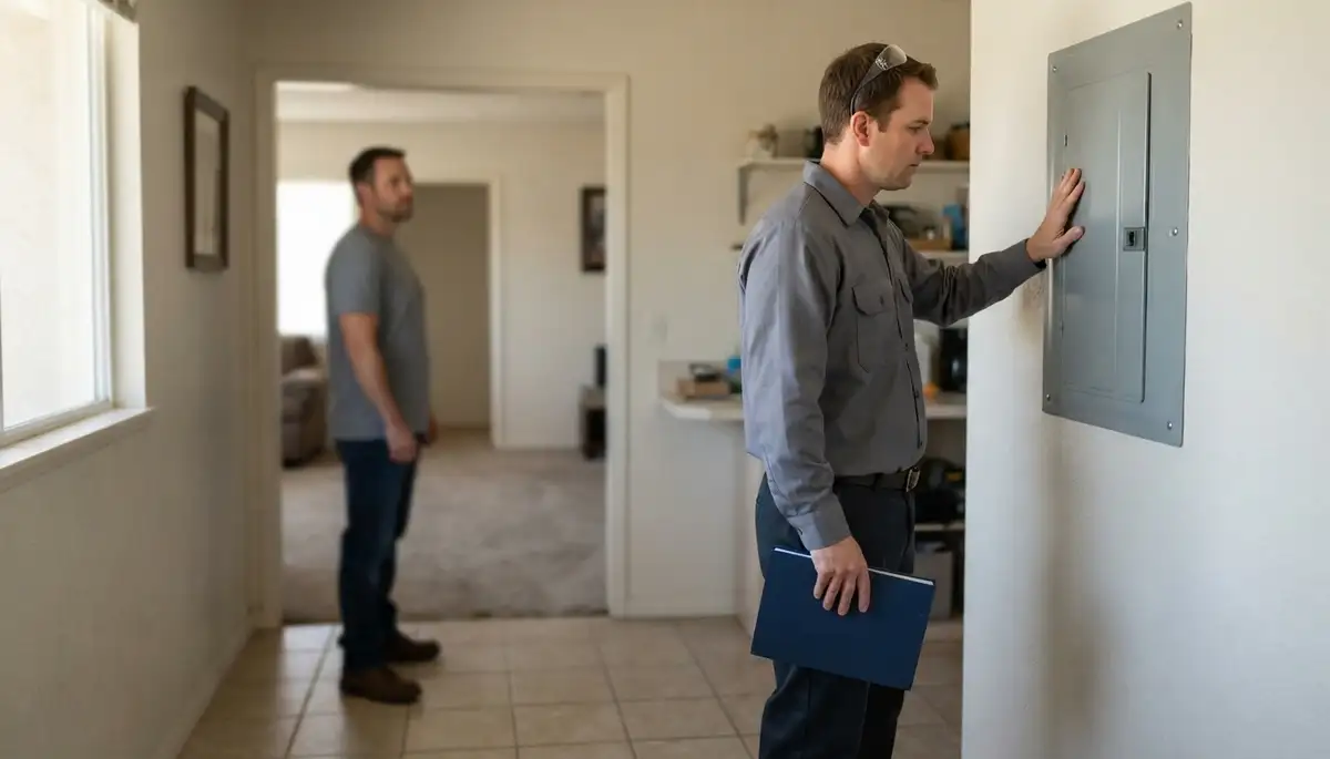 Fresno, CA electrician reviews prioritized home inspection findings with homeowner beside a closed electrical panel
