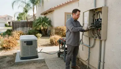 Electrician installs a generator transfer switch in Fresno, CA, connecting conductors for safe backup power.