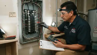 Fresno, CA electrician inspecting GFCI circuits at an open electrical panel in an older home