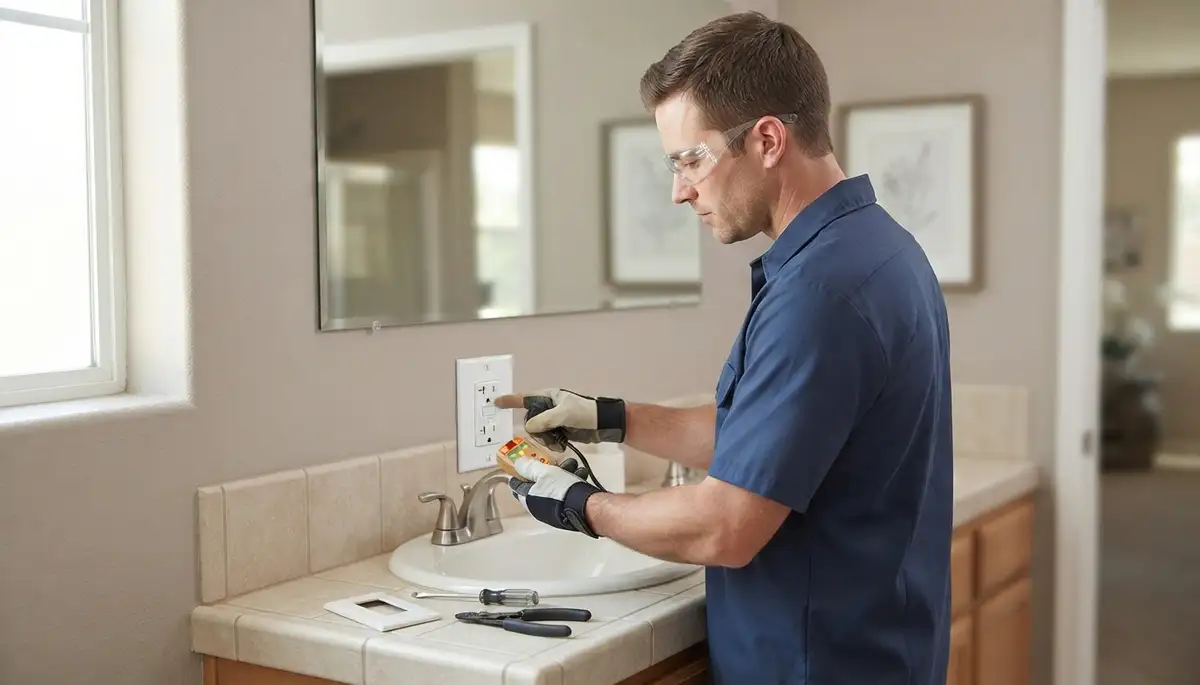 GFCI outlet installation near a bathroom sink in Kerman, CA provides wet-area electrical protection