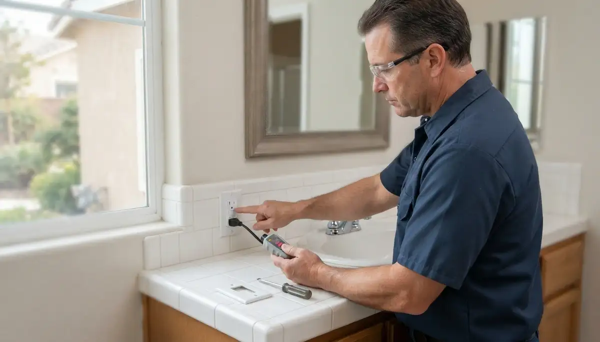 Electrician installing a GFCI outlet for wet-area safety in a Parlier, CA home