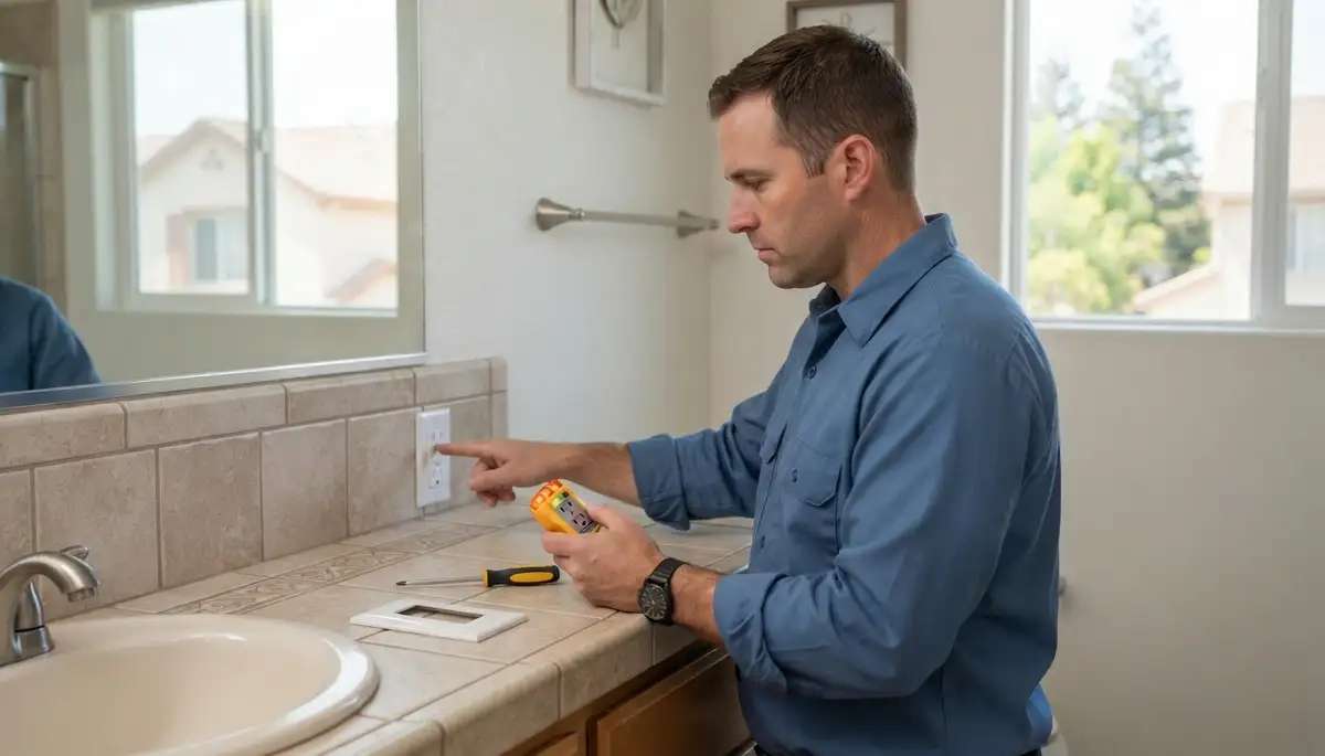 GFCI outlet providing ground-fault protection near a bathroom sink in Reedley, CA
