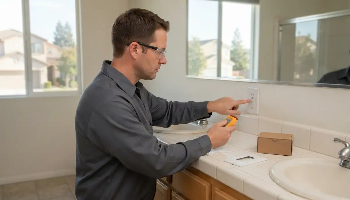 Fresno, CA electrician installing a GFCI outlet for ground-fault protection near a wet-area sink