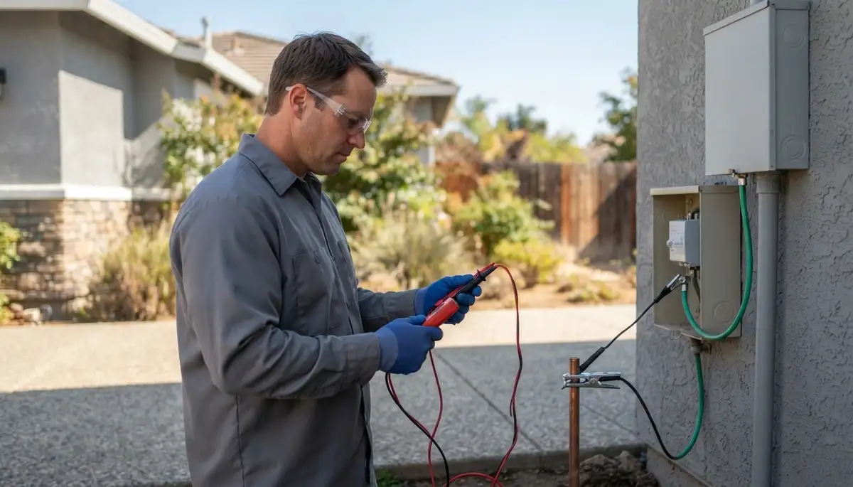 Electrician in Fresno, CA tests ground path continuity with a meter for lightning surge protection