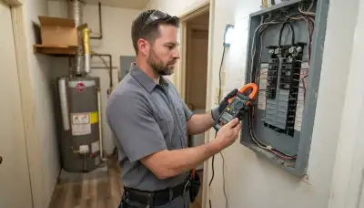 Fresno, CA electrician measures electrical load at an open panel for safe electric heater circuit installation