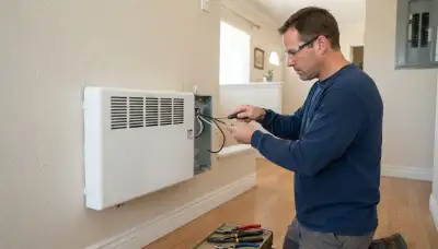 Electrician wiring a wall-mounted electric heater on a dedicated circuit in Fresno, CA