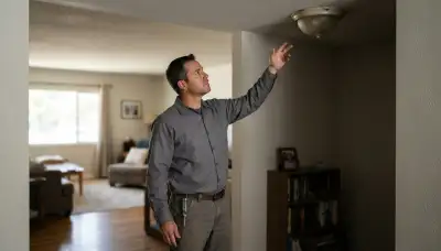 Electrician conducts a home lighting consultation in Fresno, CA, assessing a ceiling fixture and dim room corner.