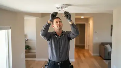 Fresno, CA electrician wiring an interconnected smoke detector to a ceiling base